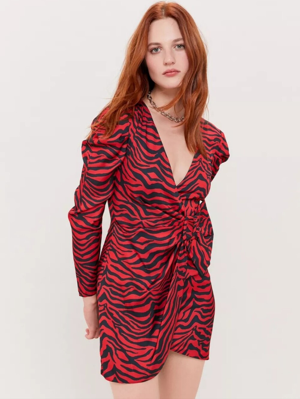 Bardot Wrap Mini Long Sleeve Dress Size 6 Animal Print Party Cocktail Red Black